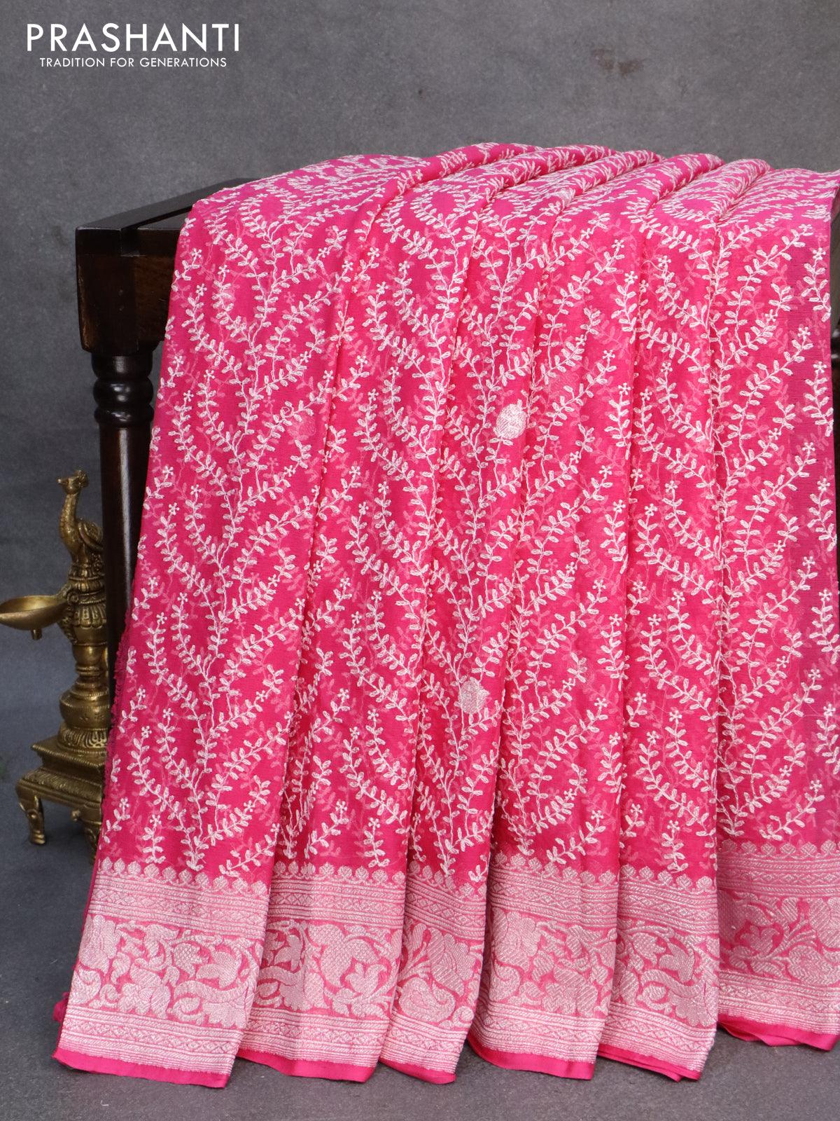 Banarasee Pure Chiffon Silk Saree With Antique Zari Work-Pink