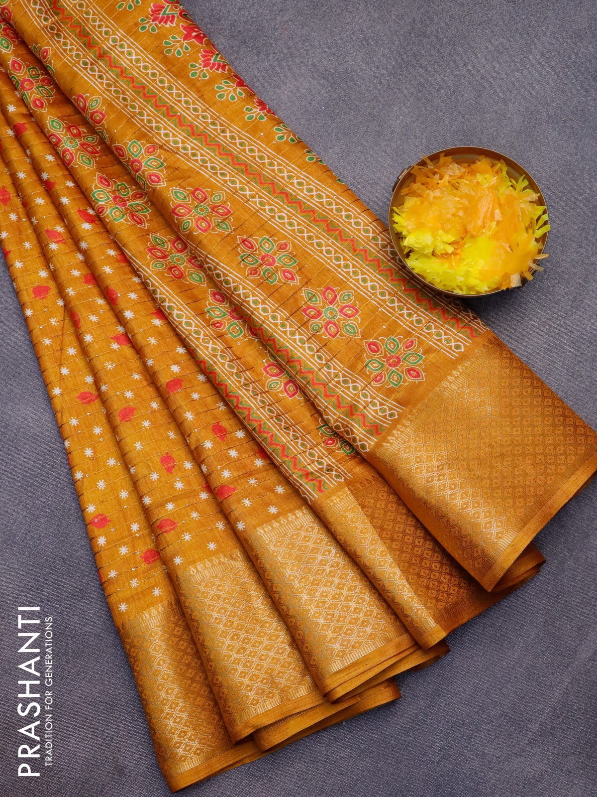 Semi dola saree mustard yellow with allover butta prints & sequin work –  Prashanti Sarees