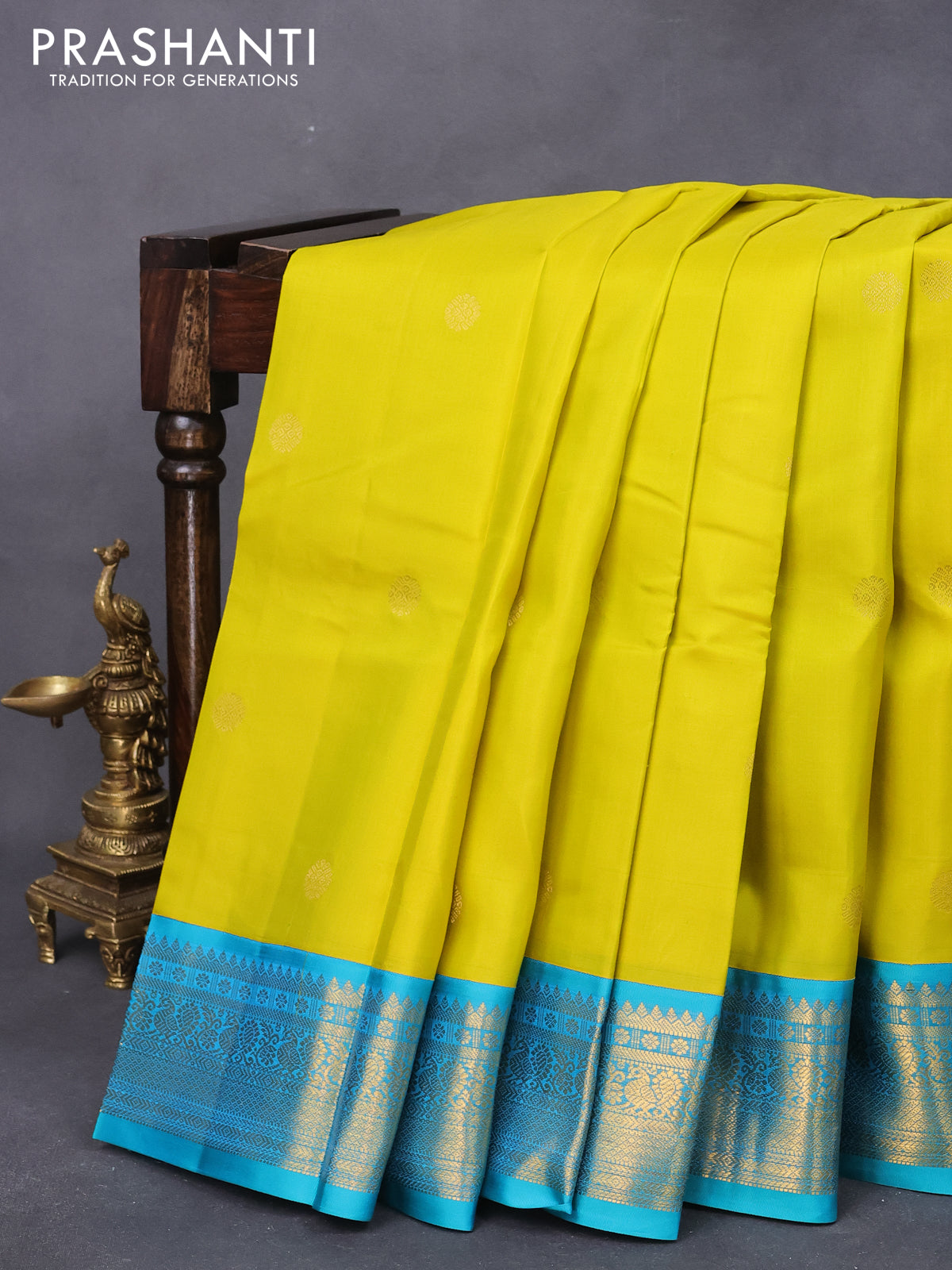 Pure Kanjivaram Silk Saree Lime Yellow And Teal Blue With Zari Woven B ...