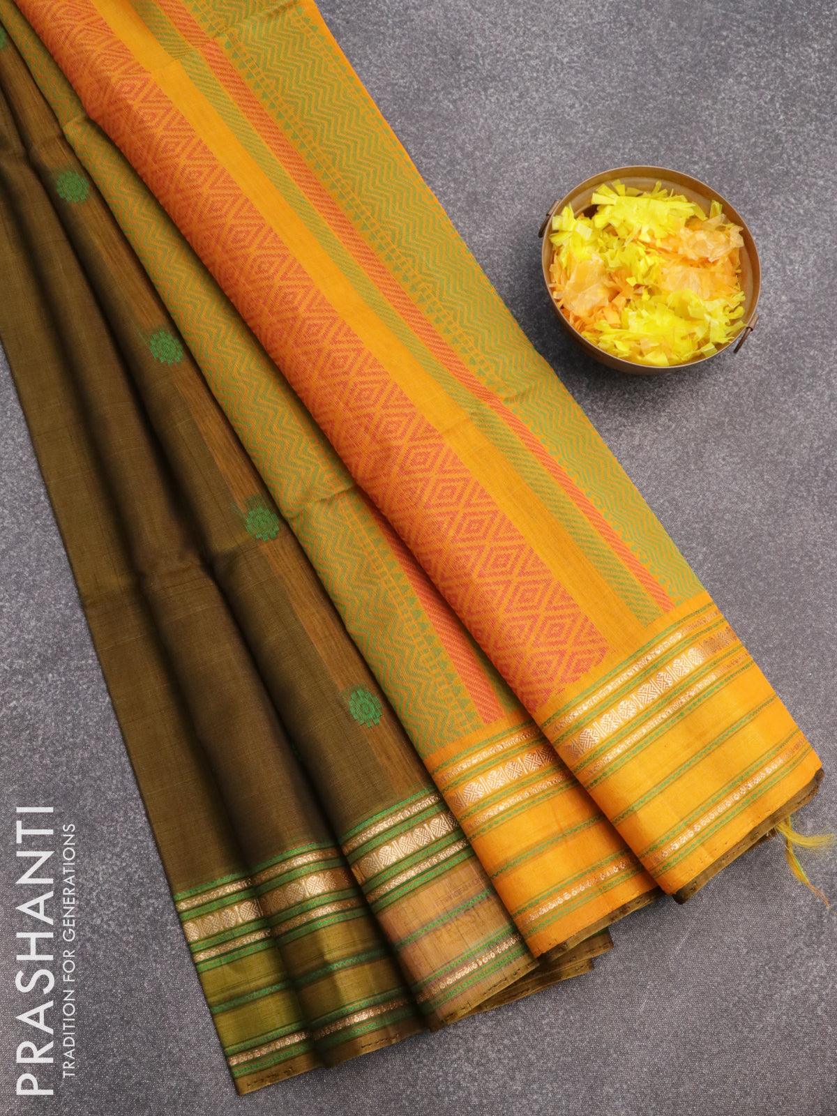 Kora silk cotton saree mehhendi green and mustard yellow with thread w – Prashanti  Sarees