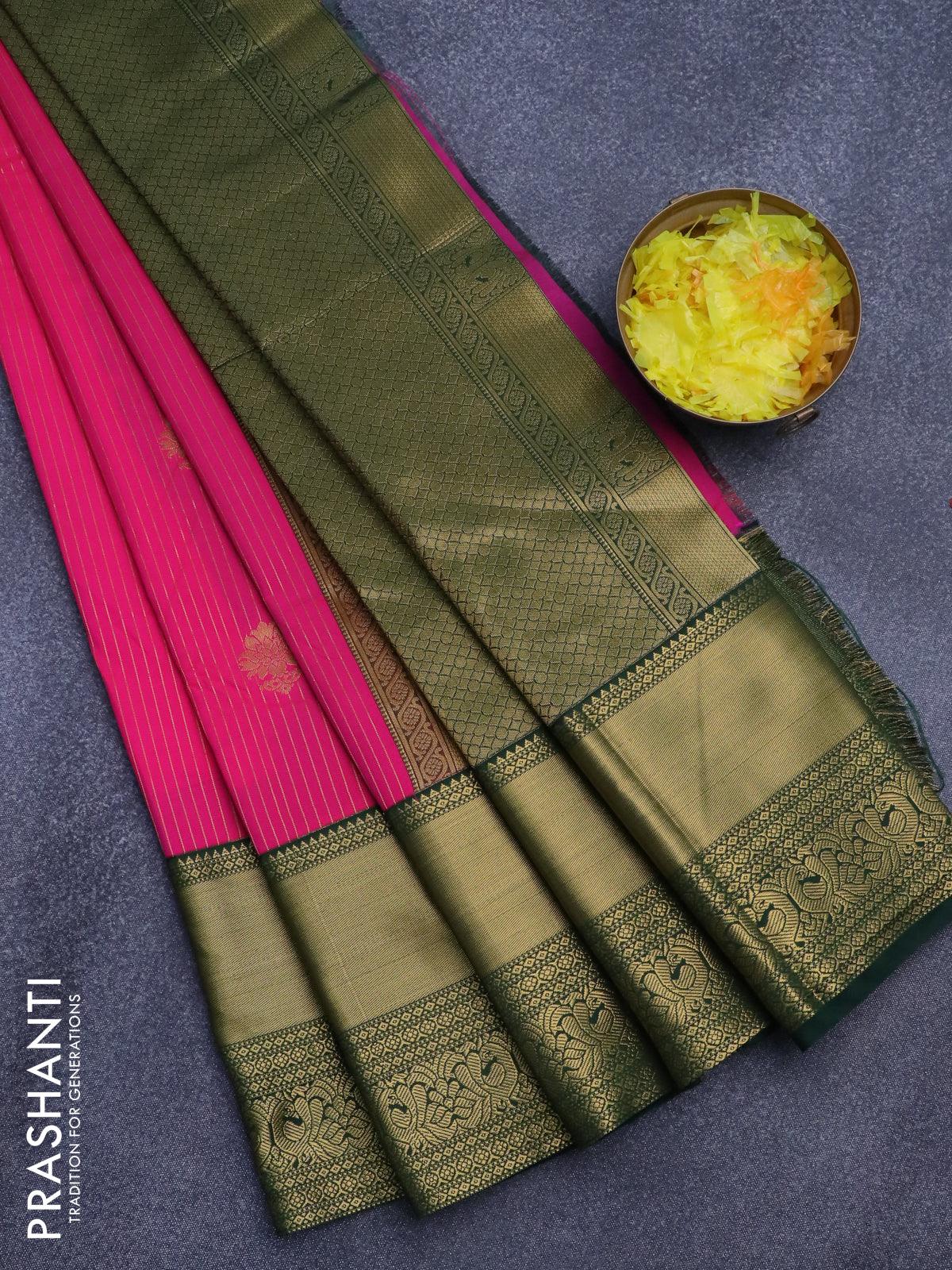 Semi Kanjivaram Silk Saree Pink And Green With Allover Zari Weaves & B ...