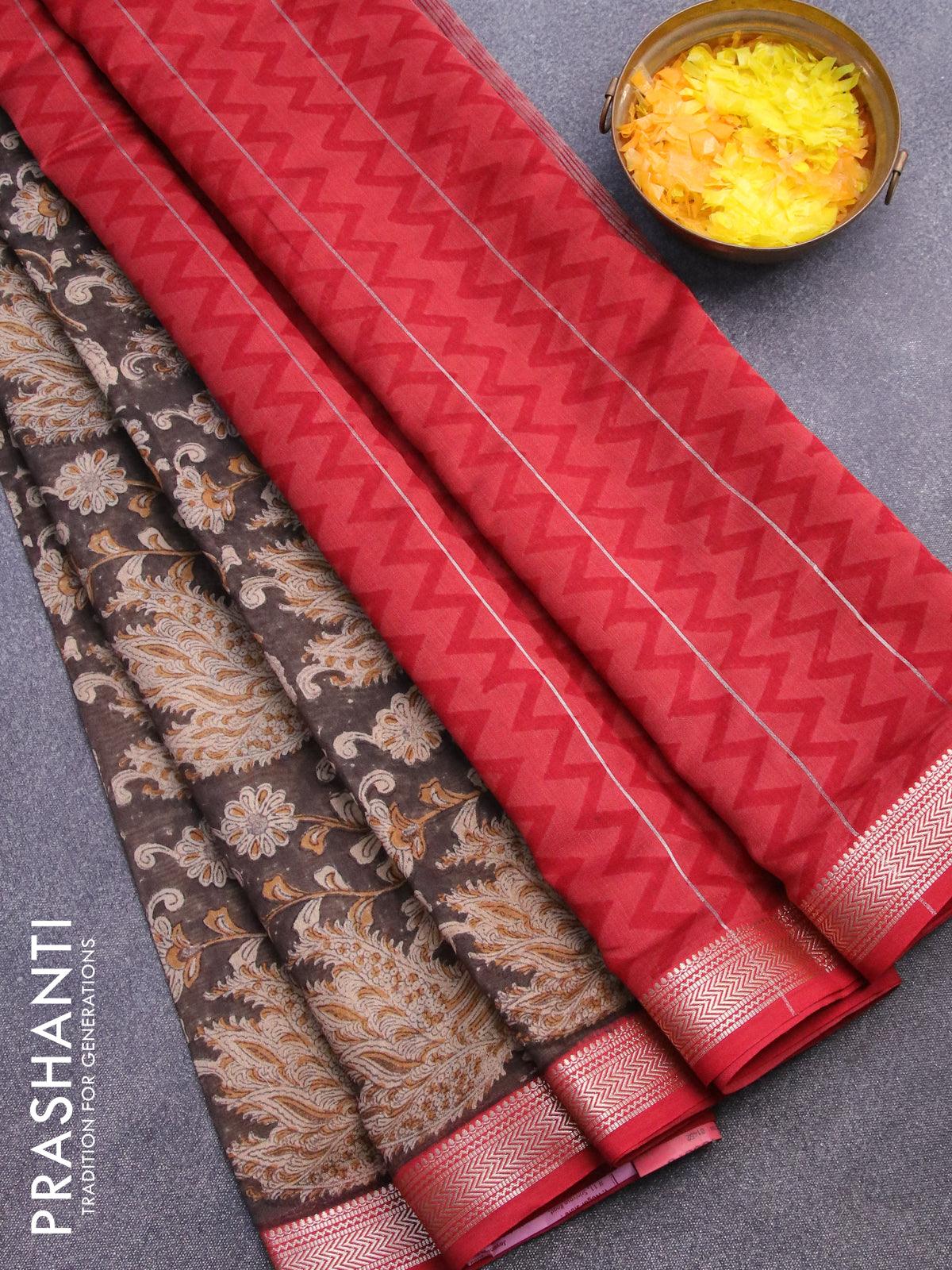 Chanderi silk cotton saree grey and red with allover kalamkari prints – Prashanti  Sarees