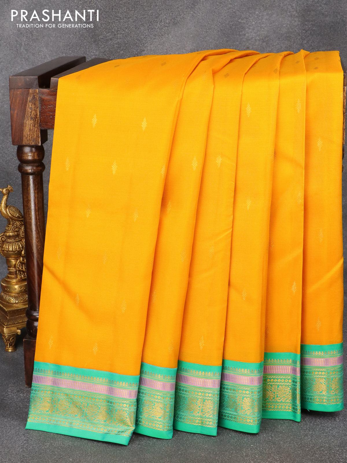 Pure kanjivaram silk saree yellow and teal green with zari woven butta –  Prashanti Sarees