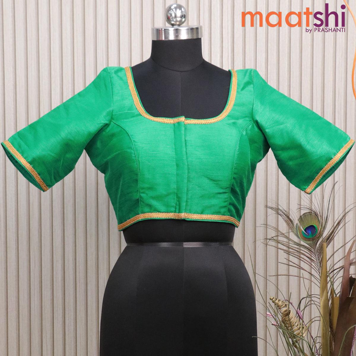 Pure Raw Silk Sleeveless blouse in Blue Green with Wide Kanchi