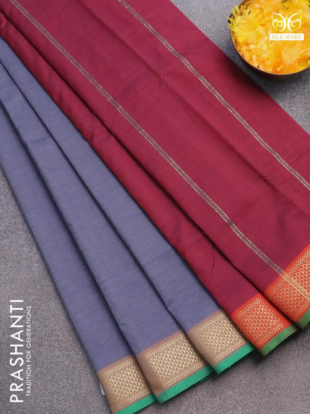 10 yards semi silk cotton saree grey and maroon with plain body and zari woven border without blouse - {{ collection.title }} by Prashanti Sarees