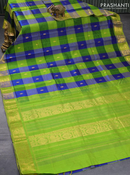 10 yards silk cotton saree blue and light green with paalum pazhamum checked pattern & zari buttas and annam zari woven border without blouse - {{ collection.title }} by Prashanti Sarees