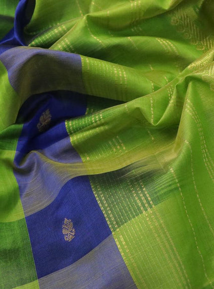 10 yards silk cotton saree blue and light green with paalum pazhamum checked pattern & zari buttas and annam zari woven border without blouse - {{ collection.title }} by Prashanti Sarees