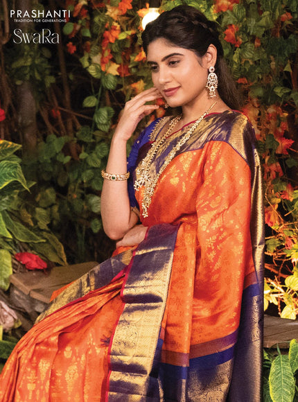 Pure kanjivaram silk saree orange and blue with allover zari weaves and rich annam zari woven border