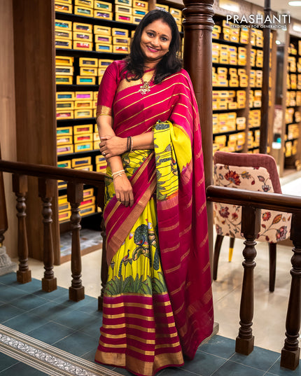 Pure mysore silk saree lime green and magenta pink with allover pichwai prints and long zari woven border