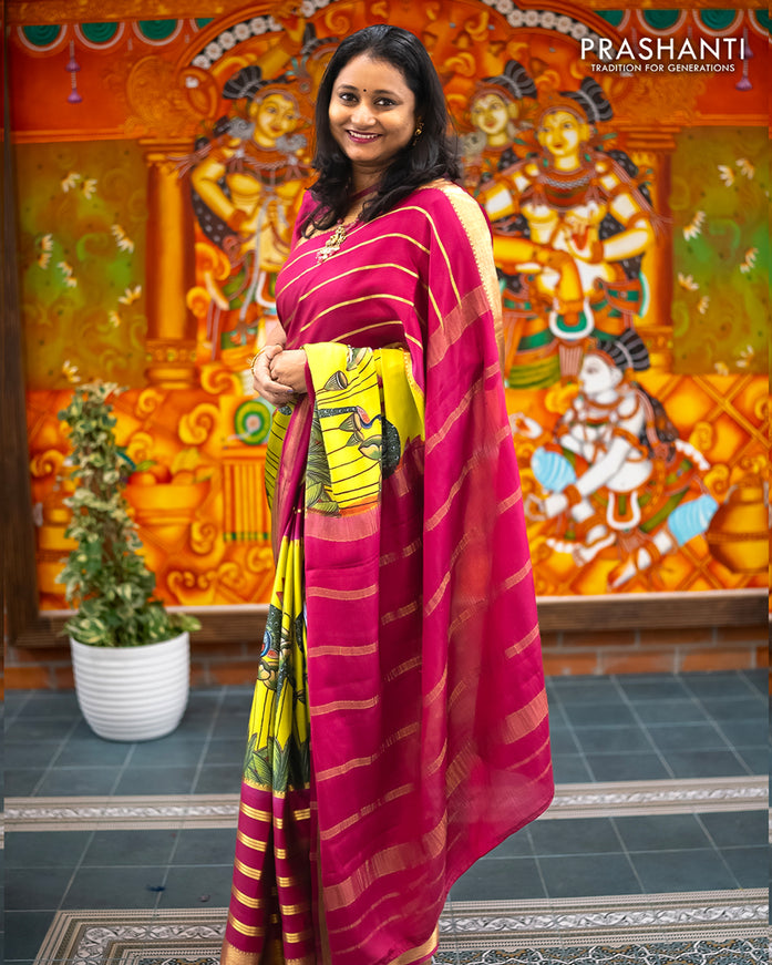 Pure mysore silk saree lime green and magenta pink with allover pichwai prints and long zari woven border