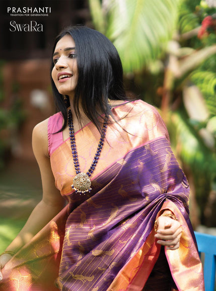 Pure kanjivaram silk saree deep violet and light pink with allover zari weaves and zari woven border