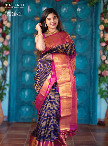 Pure kanjivaram silk saree blue and pink with allover zari weaves and zari woven border