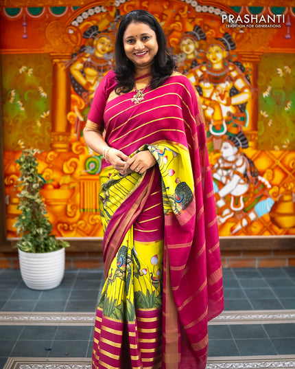 Pure mysore silk saree lime green and magenta pink with allover pichwai prints and long zari woven border