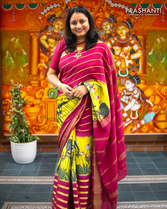 Pure mysore silk saree lime green and magenta pink with allover pichwai prints and long zari woven border