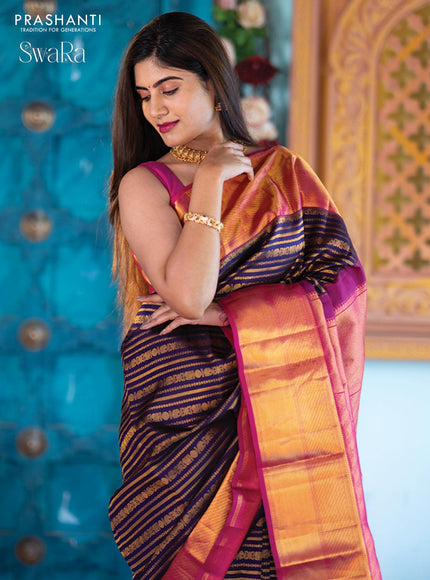 Pure kanjivaram silk saree blue and pink with allover zari weaves and zari woven border