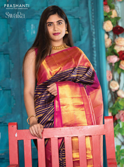 Pure kanjivaram silk saree blue and pink with allover zari weaves and zari woven border