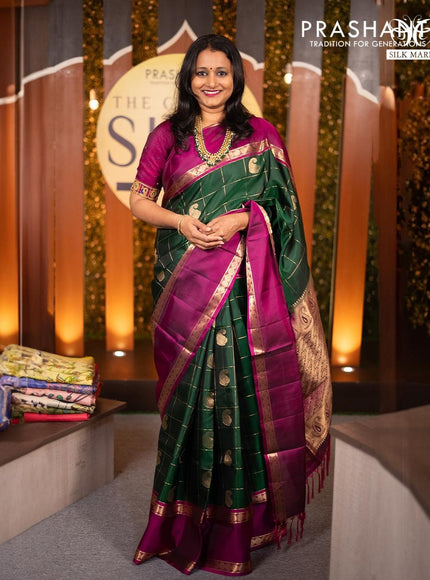 Pure soft silk saree green and purple with allover zari checks & paisley buttas and rettapet zari woven border