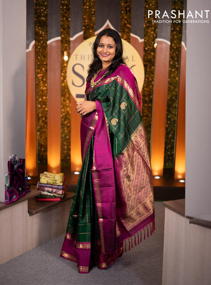 Pure soft silk saree green and purple with allover zari checks & paisley buttas and rettapet zari woven border