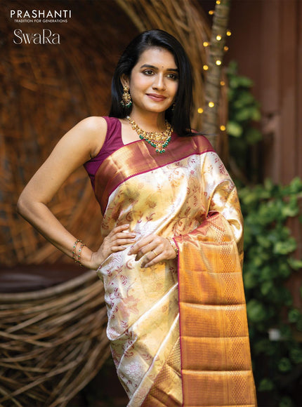 Pure kanjivaram tissue silk saree gold and dark magenta pink with allover zari woven brocade weaves and zari woven border