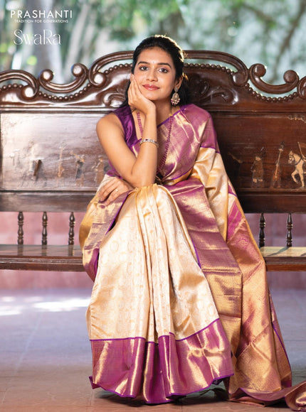 Pure kanjivaram tissue silk saree sandal and purple with allover silver zari woven brocade weaves and annam zari woven border