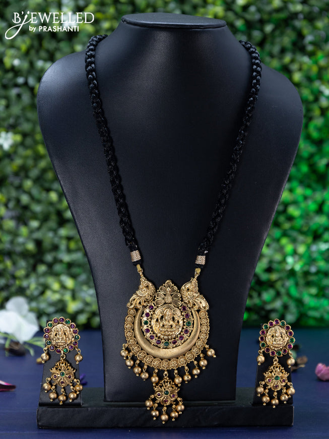 Black thread necklace kemp stones with lakshmi pendant and golden beads hangings