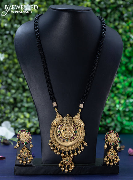 Black thread necklace kemp stones with lakshmi pendant and golden beads hangings