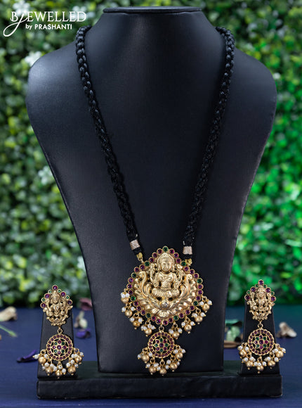 Black thread necklace kemp stones with lakshmi pendant and golden beads hangings