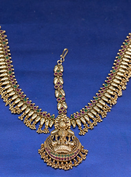 Antique maang tikka lakshmi design with kemp stones and golden beads hangings