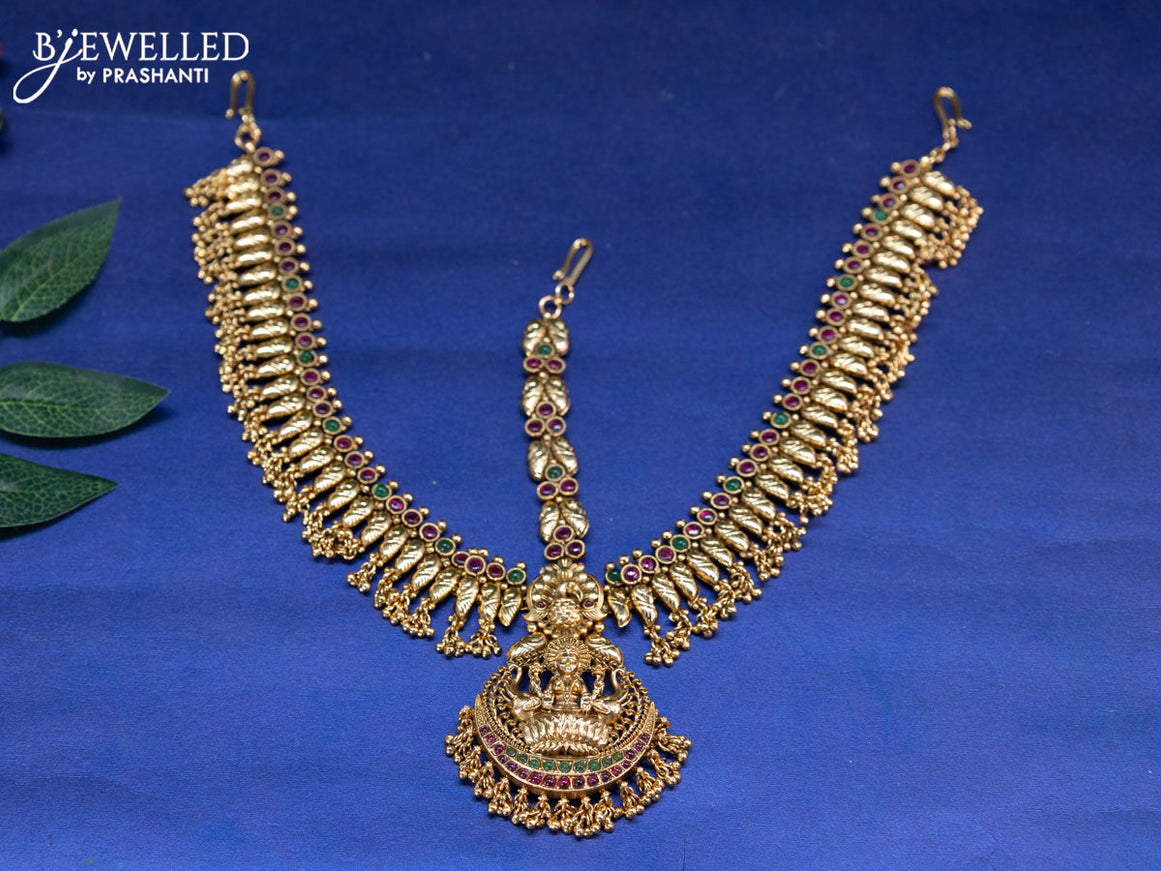 Antique maang tikka lakshmi design with kemp stones and golden beads hangings