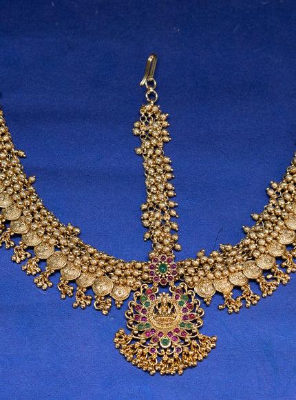 Antique maang tikka lakshmi design with kemp stones and golden beads hangings