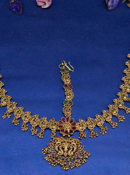 Antique maang tikka peacock design with kemp stones and golden beads hangings