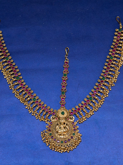 Antique maang tikka lakshmi design with kemp stones and golden beads hangings