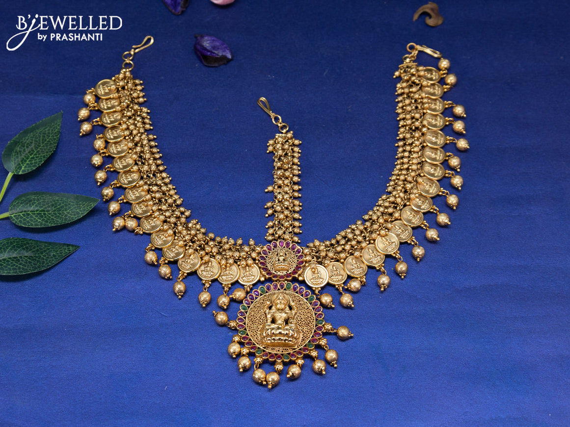 Antique maang tikka lakshmi kasu design with kemp stones and pearl hangings