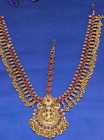 Antique maang tikka lakshmi design with pink kemp stones and golden beads hangings