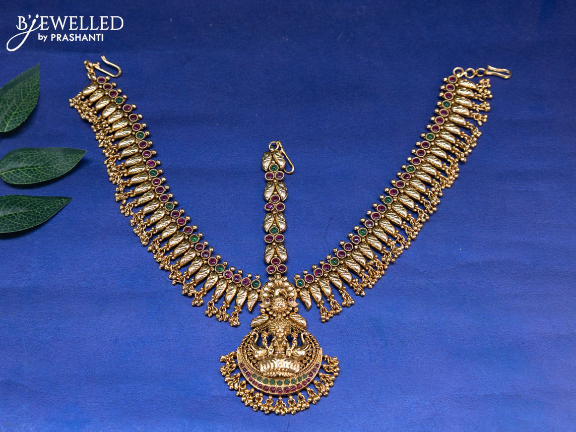 Antique maang tikka lakshmi design with kemp stones and golden beads hangings