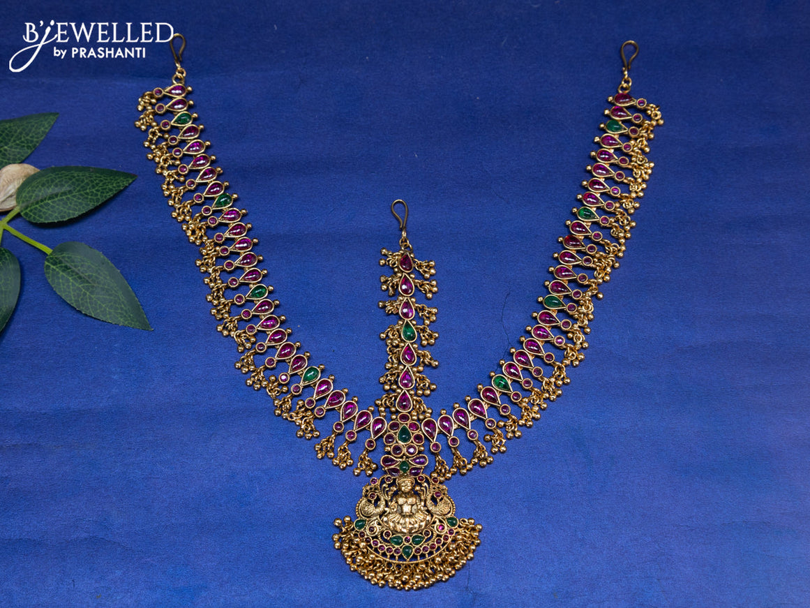 Antique maang tikka lakshmi design with kemp stones and golden beads hangings