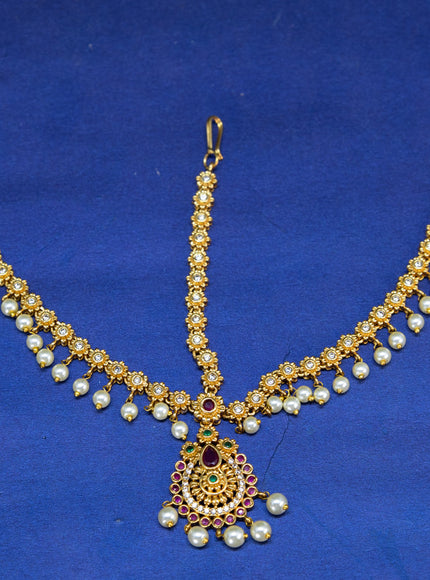 Antique maang tikka with kemp & cz stones and pearl hangings