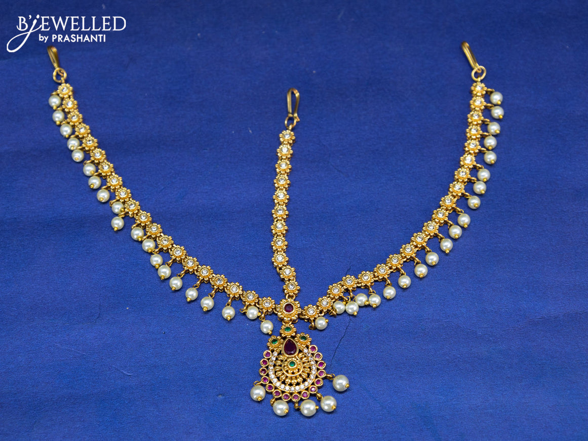 Antique maang tikka with kemp & cz stones and pearl hangings