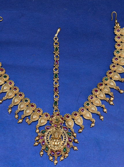 Antique maang tikka lakshmi design with kemp stones and golden beads hangings