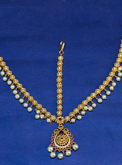 Antique maang tikka with kemp & cz stones and pearl hangings