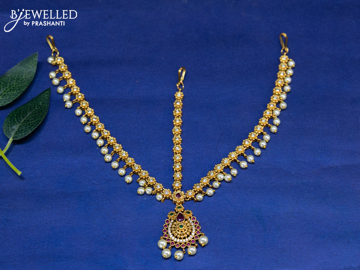 Antique maang tikka with kemp & cz stones and pearl hangings