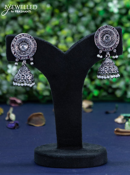 Oxidised jhumka with ruby & cz stones and pearl hangings