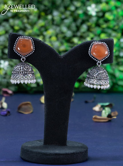 Oxidised jhumka with baby pink stone and pearl hangings