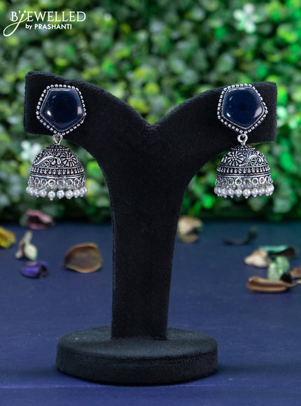 Oxidised jhumka with sapphire stones and pearl hangings