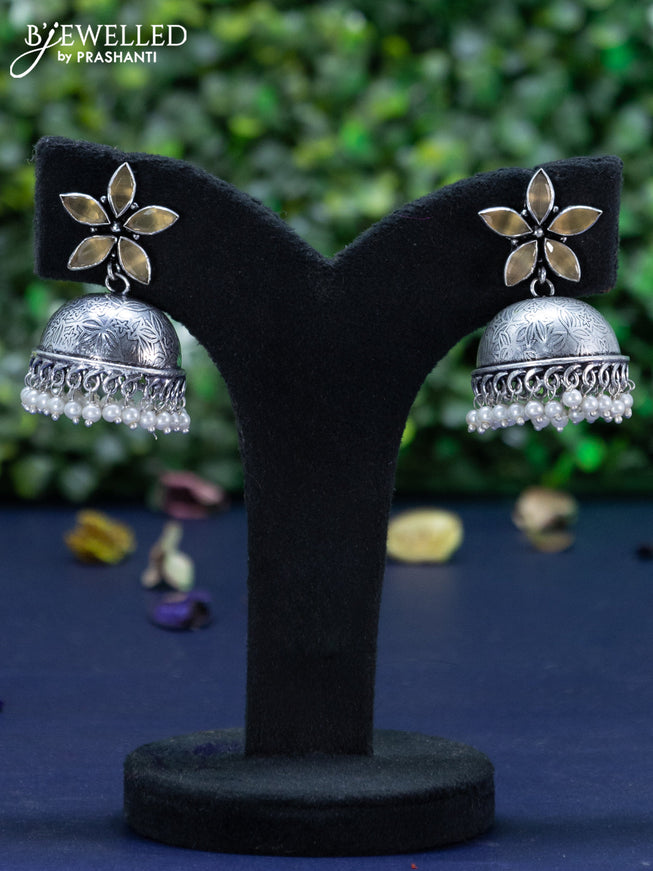 Oxidised jhumka floral design with yellow stones and pearl hangings