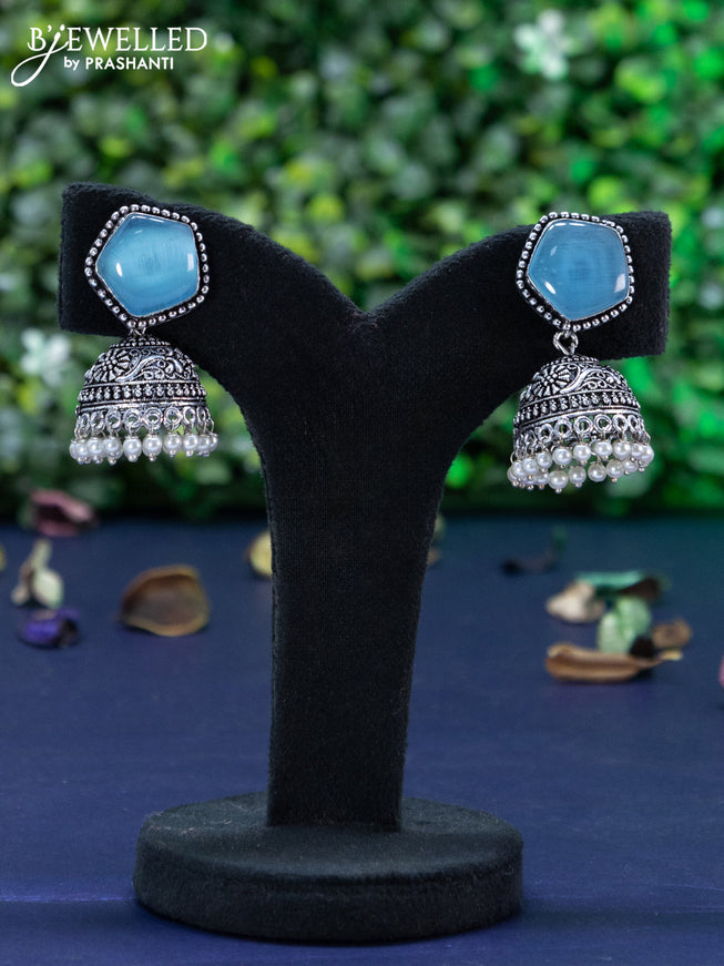 Oxidised jhumka with ice blue stone and pearl hangings