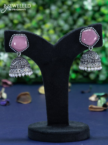 Oxidised jhumka with baby pink stones and pearl hangings