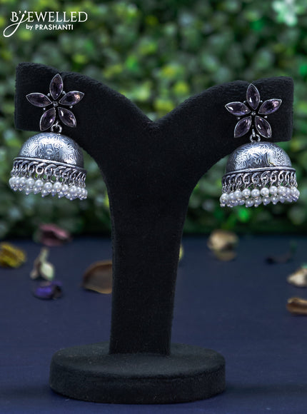 Oxidised jhumka floral design with violet stones and pearl hangings