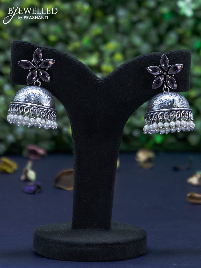 Oxidised jhumka floral design with violet stones and pearl hangings