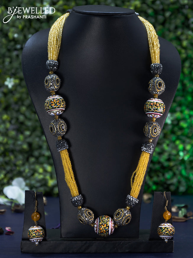 Jaipur crystal beaded yellow necklace with stones pendant and minakari balls